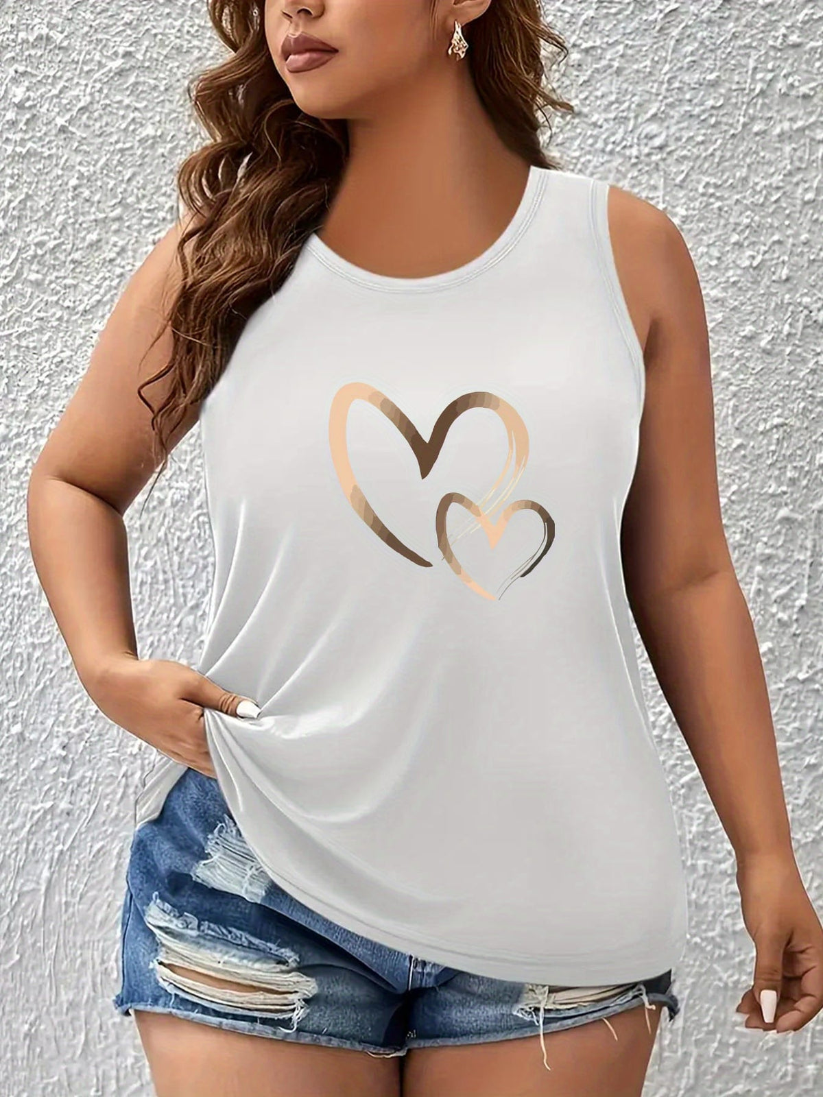 jkthpu-45 Women's Plus Size Heart Print Sleeveless Tank Top
