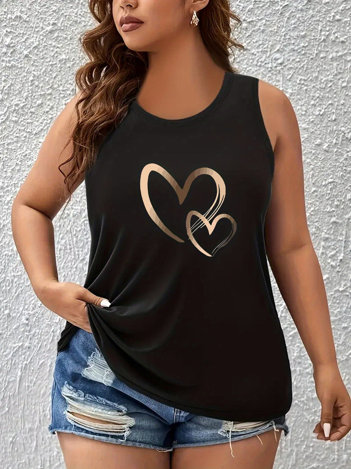 jkthpu-45 Women's Plus Size Heart Print Sleeveless Tank Top