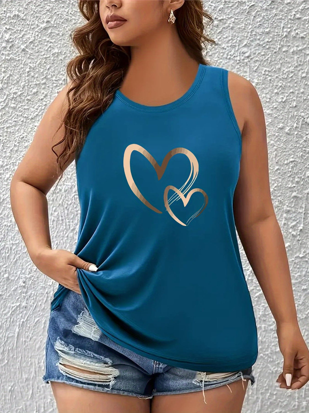 jkthpu-45 Women's Plus Size Heart Print Sleeveless Tank Top