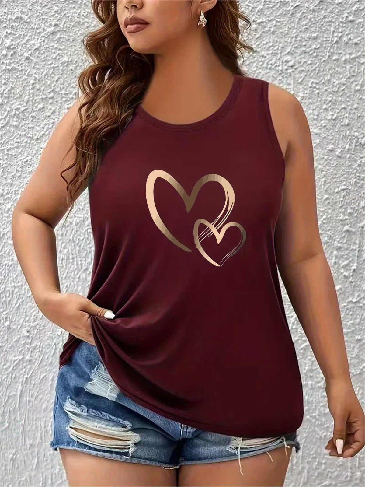 jkthpu-45 Women's Plus Size Heart Print Sleeveless Tank Top