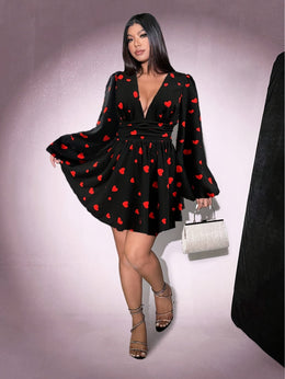 jkthpu-45 Women's Plus Size Heart Print V-Neck Mini Dress with Flared Sleeves – Cinched Waist, Black & Red Casual Spring & Summer Dress for Travel or Vacation