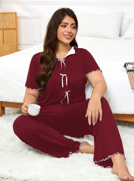 jkthpu-45 Women's Plus Size Hemmed Casual Pullover Pajama Set