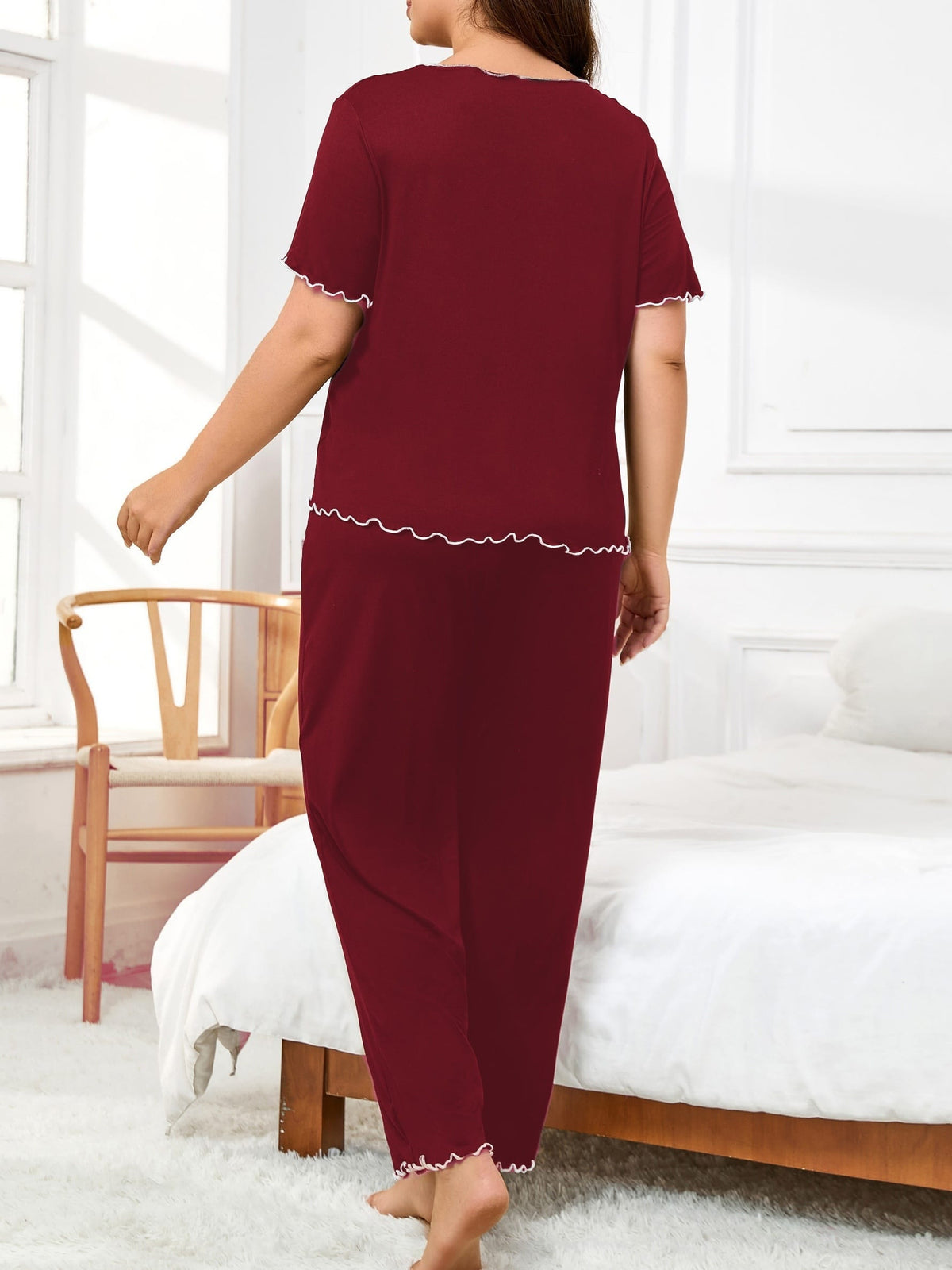 jkthpu-45 Women's Plus Size Hemmed Casual Pullover Pajama Set