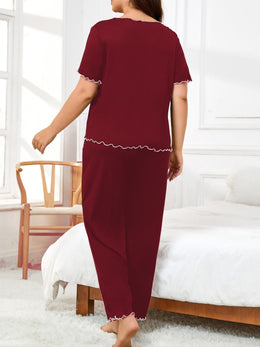 jkthpu-45 Women's Plus Size Hemmed Casual Pullover Pajama Set