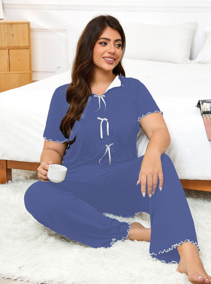 jkthpu-45 Women's Plus Size Hemmed Casual Pullover Pajama Set