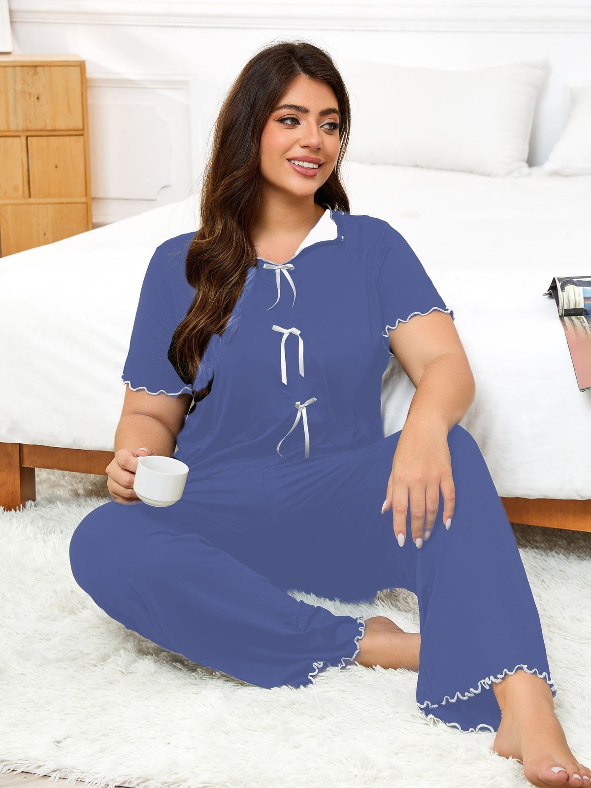 jkthpu-45 Women's Plus Size Hemmed Casual Pullover Pajama Set