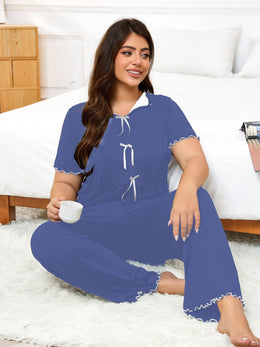 jkthpu-45 Women's Plus Size Hemmed Casual Pullover Pajama Set