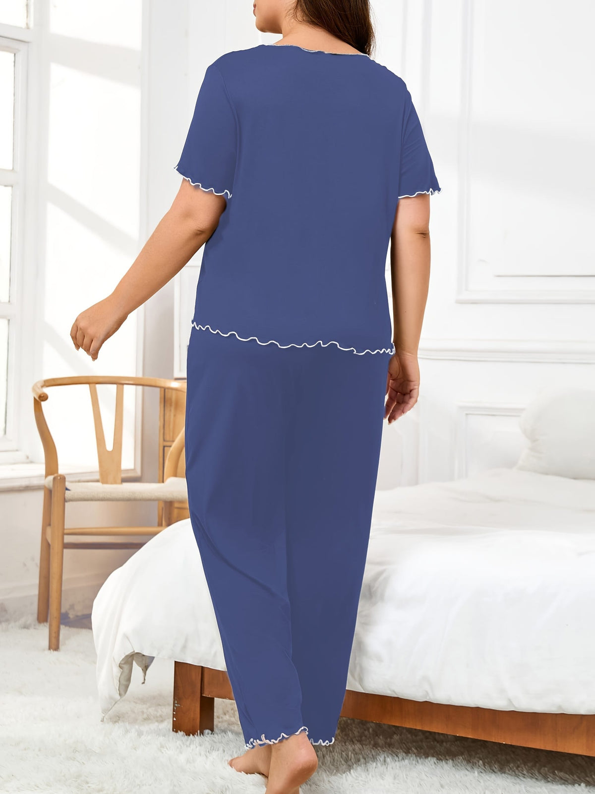 jkthpu-45 Women's Plus Size Hemmed Casual Pullover Pajama Set