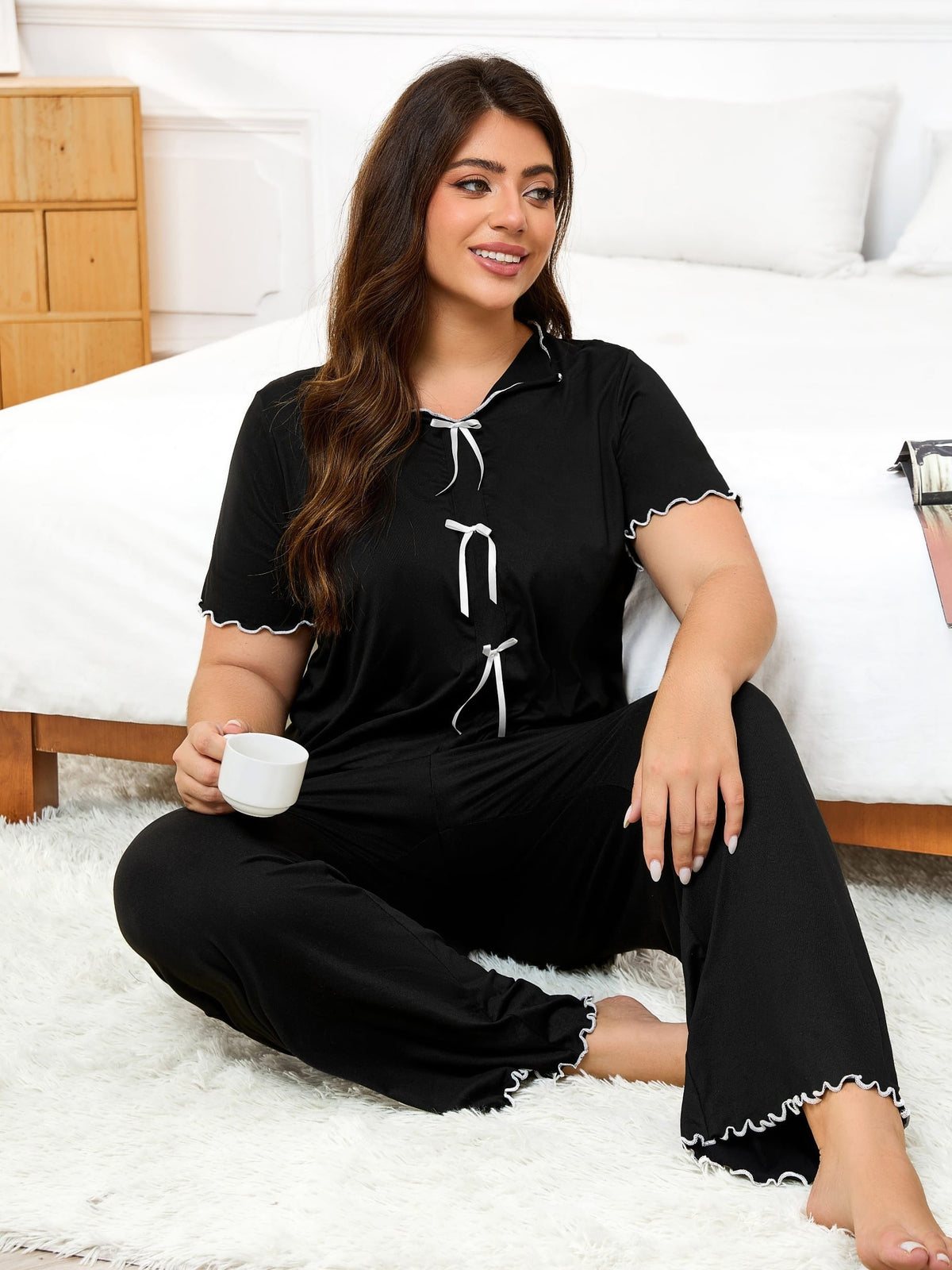 jkthpu-45 Women's Plus Size Hemmed Casual Pullover Pajama Set