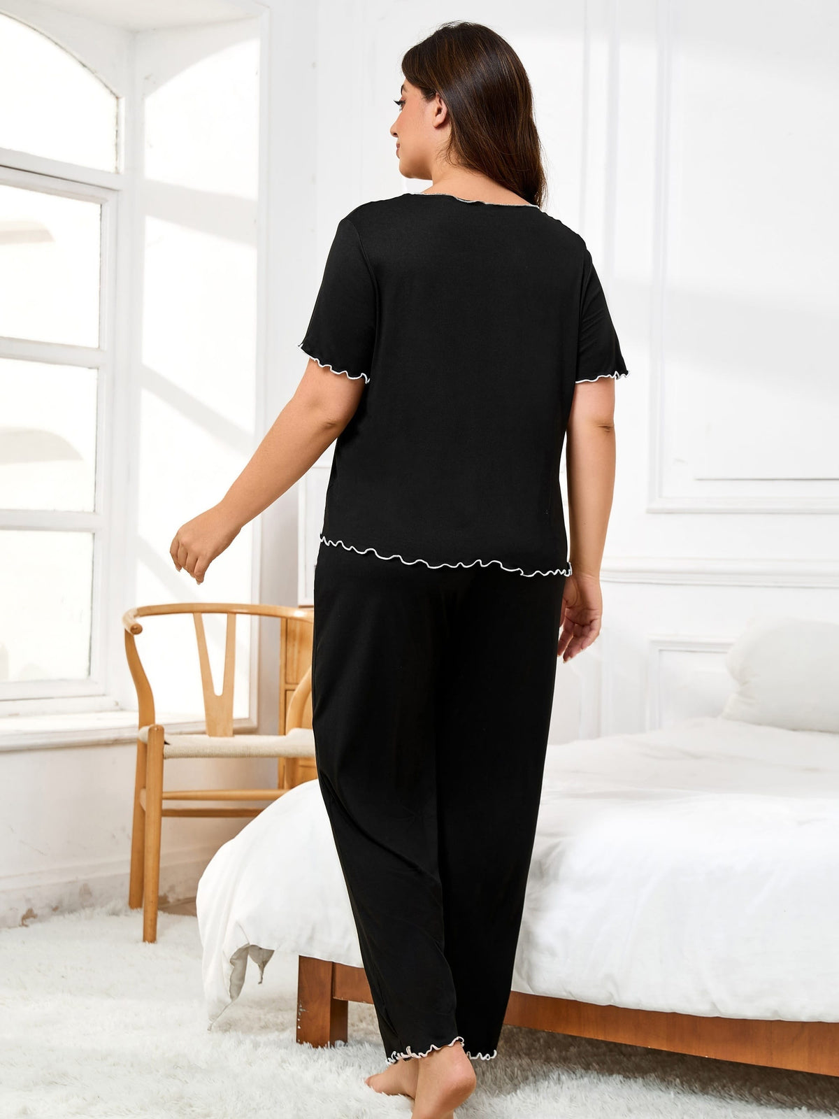 jkthpu-45 Women's Plus Size Hemmed Casual Pullover Pajama Set
