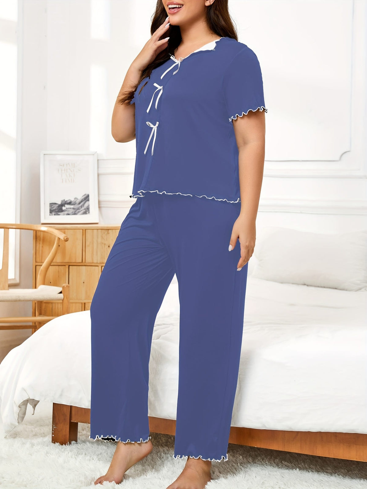 jkthpu-45 Women's Plus Size Hemmed Casual Pullover Pajama Set