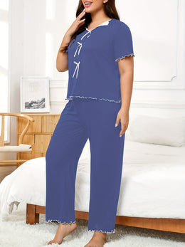 jkthpu-45 Women's Plus Size Hemmed Casual Pullover Pajama Set