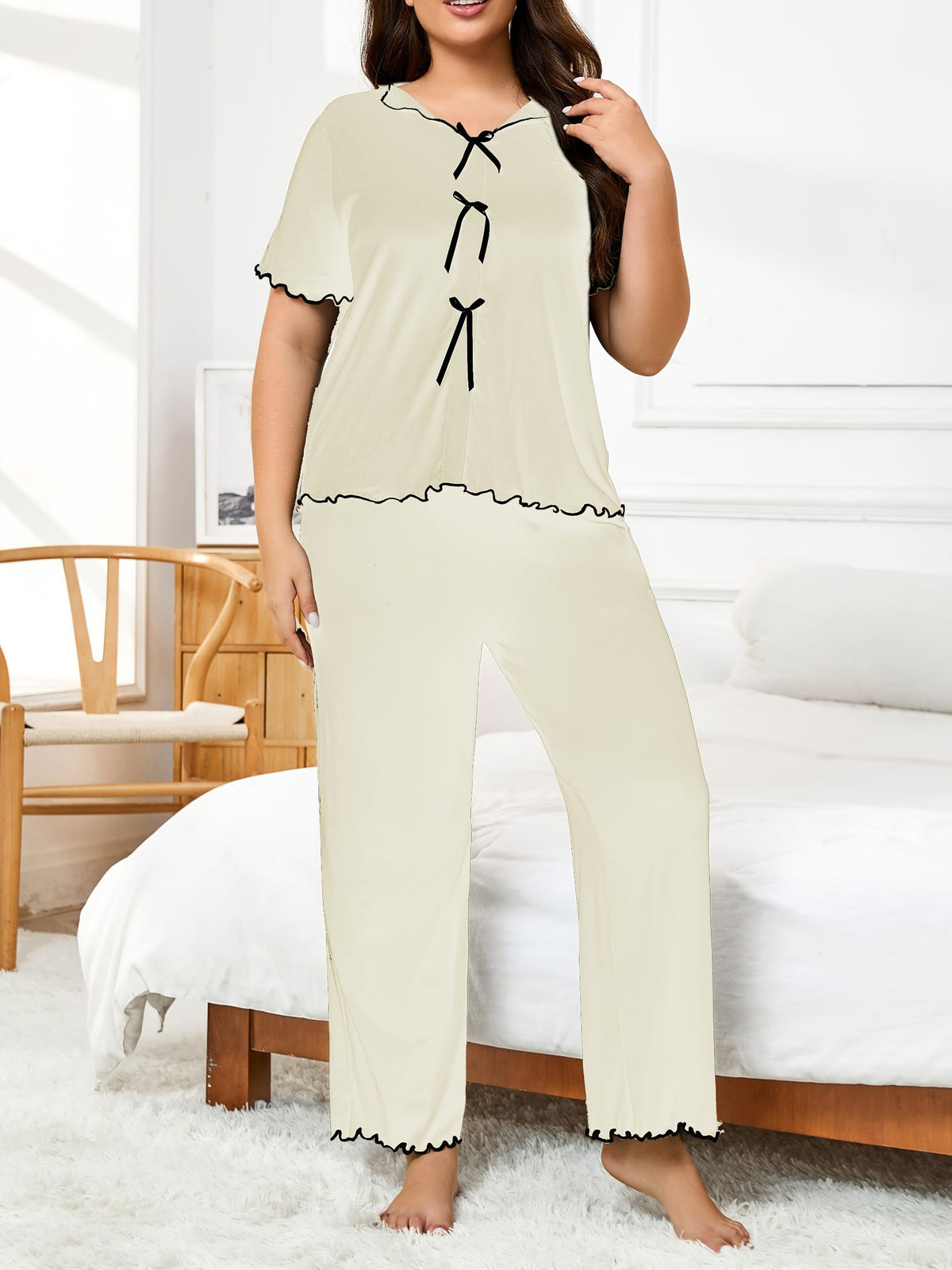 jkthpu-45 Women's Plus Size Hemmed Casual Pullover Pajama Set