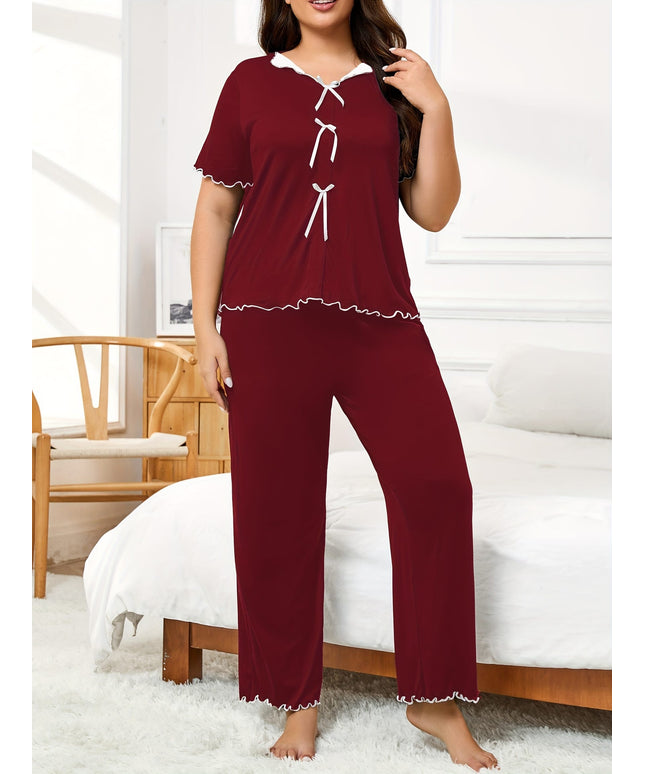 jkthpu-45 Women's Plus Size Hemmed Casual Pullover Pajama Set