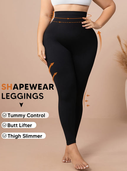 jkthpu-45 Women'S Plus Size High-Waisted Leggings - Black, Tummy