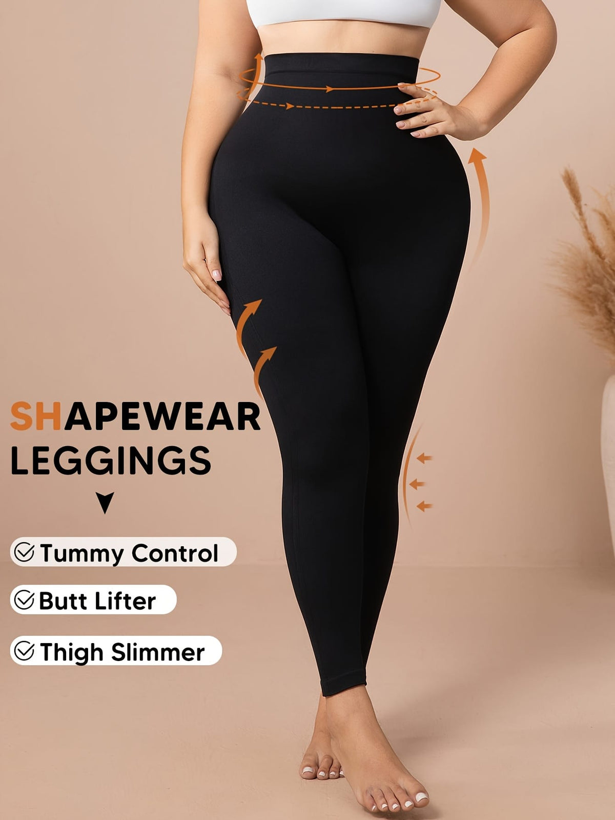 jkthpu-45 Women'S Plus Size High-Waisted Leggings - Black, Tummy