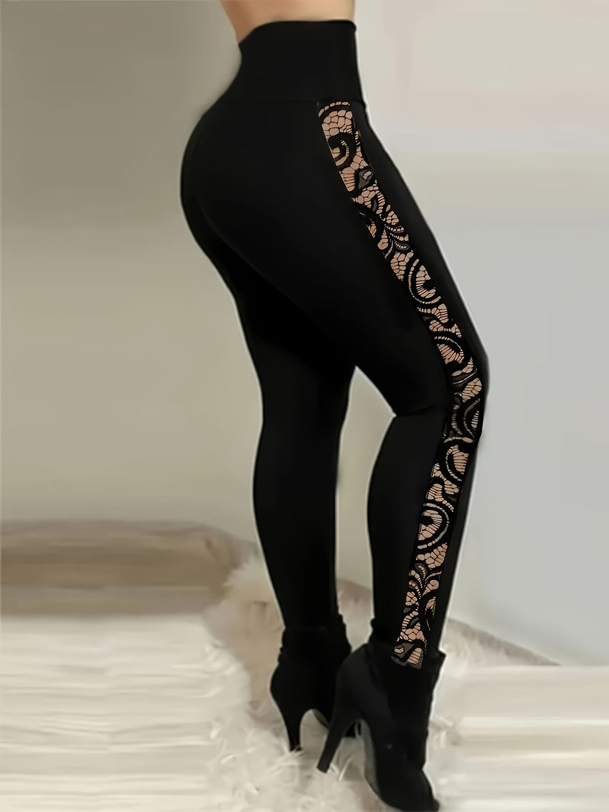 jkthpu-45 Women's Plus Size High-Waisted Stretchy Leggings with Lace