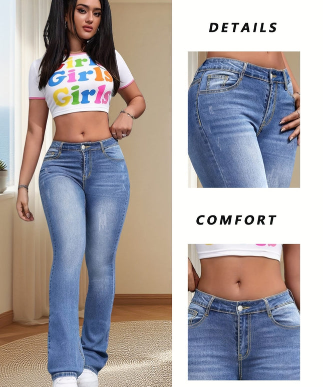 jkthpu-45 Women's Plus-Size High-Waisted Wide-Leg Jeans - Wash Blue