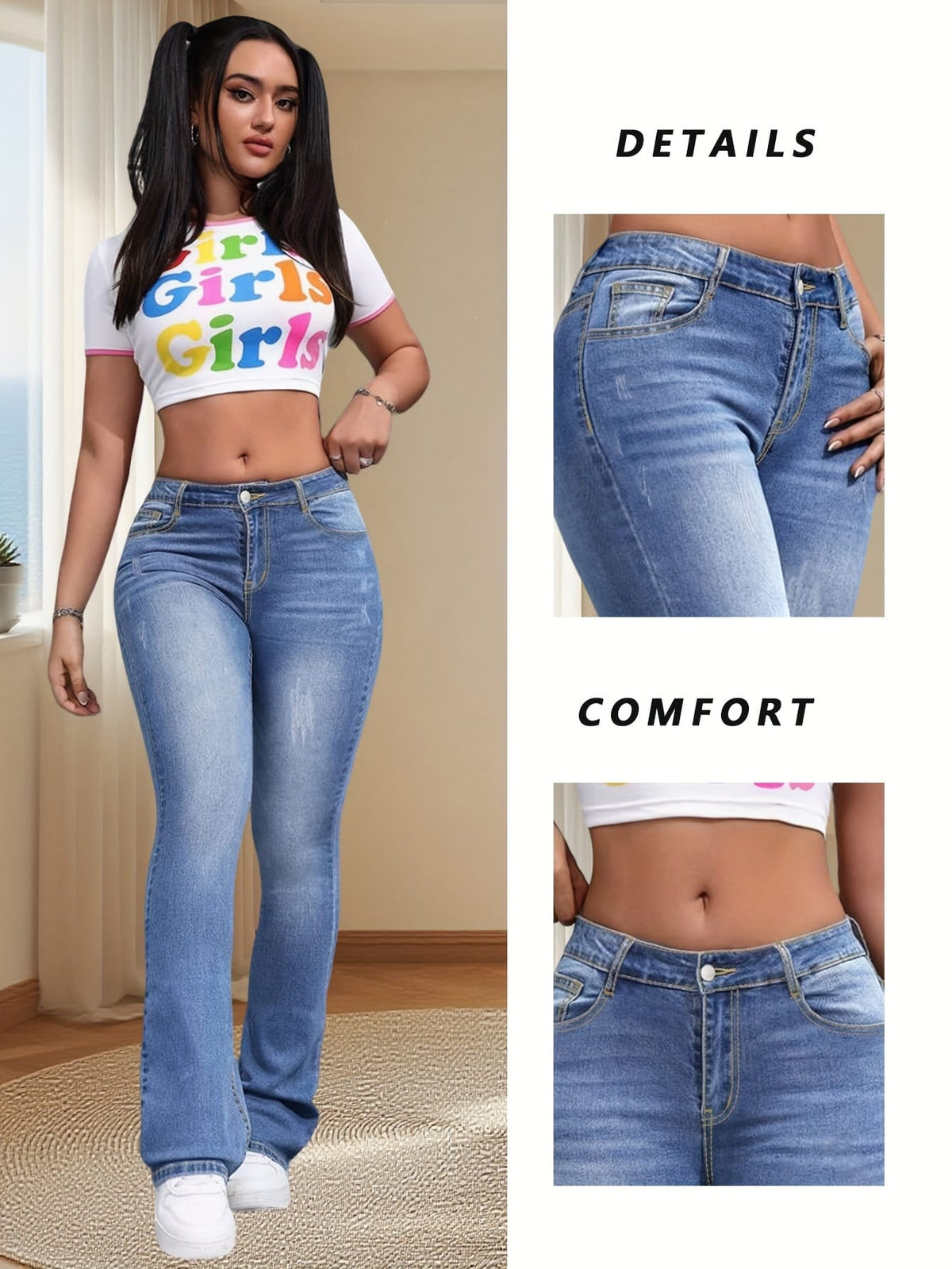 jkthpu-45 Women's Plus-Size High-Waisted Wide-Leg Jeans - Wash Blue