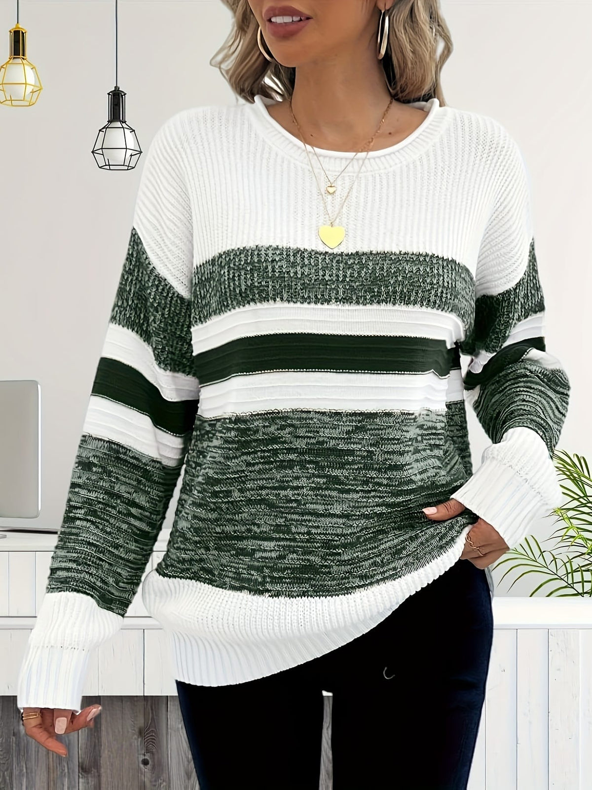 jkthpu-45 Women'S Plus Size Knit Sweater, Elegant Striped Pullover,