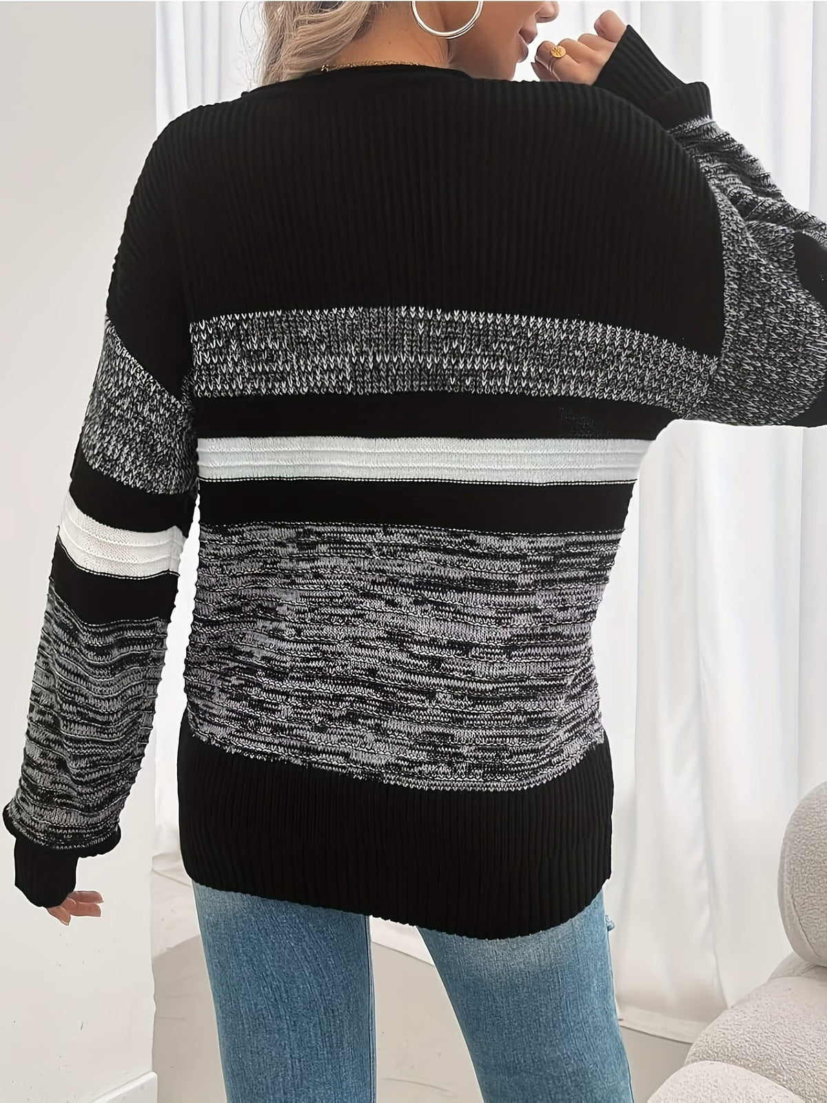 jkthpu-45 Women'S Plus Size Knit Sweater, Elegant Striped Pullover,