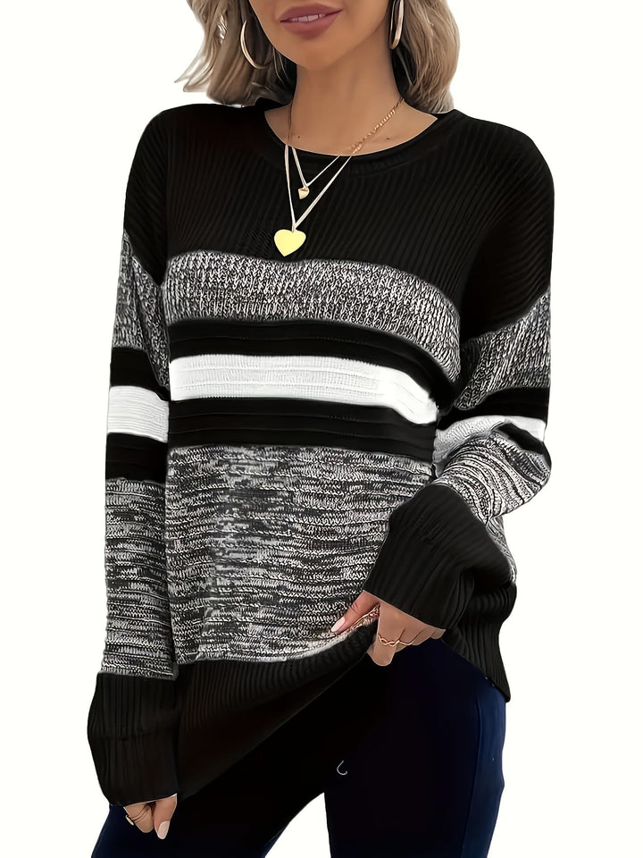 Women'S Plus Size Knit Sweater, Elegant Striped Pullover,
