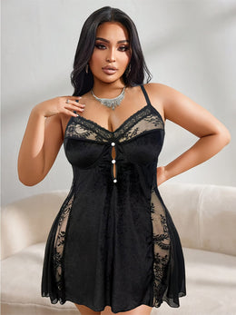 jkthpu-45 Women's Plus Size Lace Trim Hollow-Out Bralette Dress
