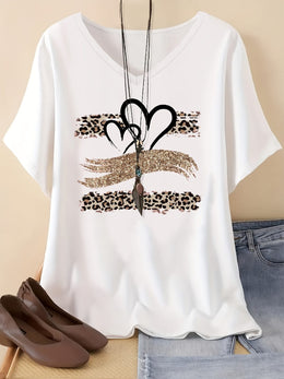 KissICON Women's Plus Size Leopard Print V-Neck T-Shirt with Heart & Glittery Hand Design, Casual Batwing Sleeve Top for All Seasons, Black Polyester Blend Tee, Ladies T Shirts