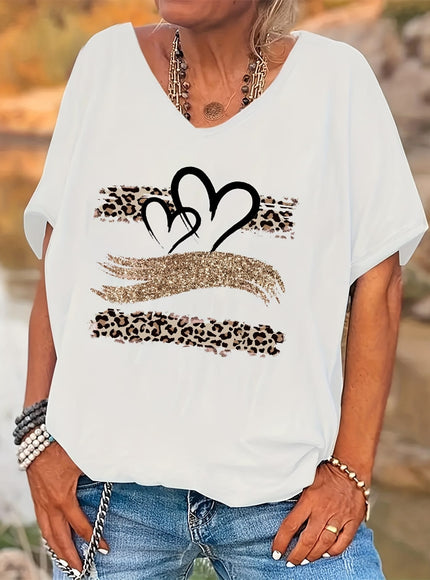 KissICON Women's Plus Size Leopard Print V-Neck T-Shirt with Heart & Glittery Hand Design, Casual Batwing Sleeve Top for All Seasons, Black Polyester Blend Tee, Ladies T Shirts