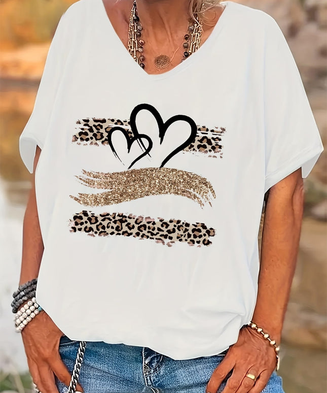 KissICON Women's Plus Size Leopard Print V-Neck T-Shirt with Heart & Glittery Hand Design, Casual Batwing Sleeve Top for All Seasons, Black Polyester Blend Tee, Ladies T Shirts