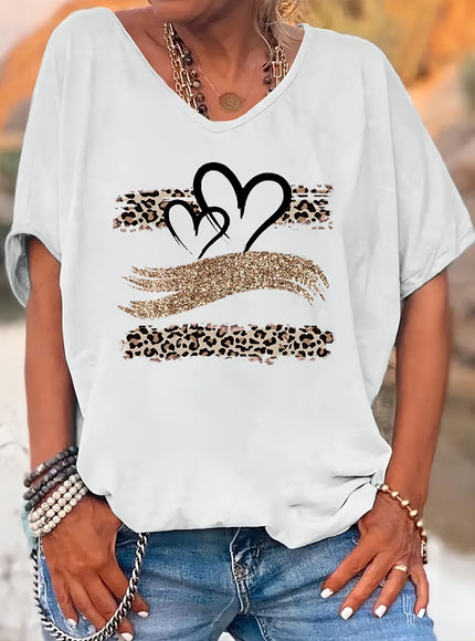KissICON Women's Plus Size Leopard Print V-Neck T-Shirt with Heart & Glittery Hand Design, Casual Batwing Sleeve Top for All Seasons, Black Polyester Blend Tee, Ladies T Shirts