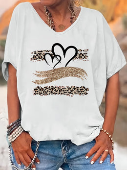 KissICON Women's Plus Size Leopard Print V-Neck T-Shirt with Heart & Glittery Hand Design, Casual Batwing Sleeve Top for All Seasons, Black Polyester Blend Tee, Ladies T Shirts