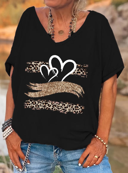 KissICON Women's Plus Size Leopard Print V-Neck T-Shirt with Heart & Glittery Hand Design, Casual Batwing Sleeve Top for All Seasons, Black Polyester Blend Tee, Ladies T Shirts