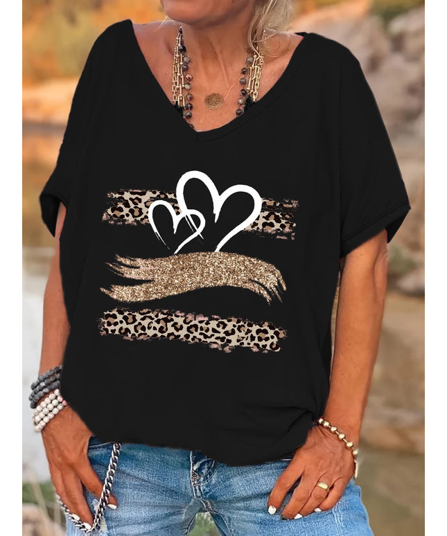 KissICON Women's Plus Size Leopard Print V-Neck T-Shirt with Heart & Glittery Hand Design, Casual Batwing Sleeve Top for All Seasons, Black Polyester Blend Tee, Ladies T Shirts