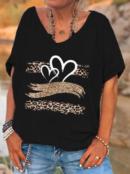 KissICON Women's Plus Size Leopard Print V-Neck T-Shirt with Heart & Glittery Hand Design, Casual Batwing Sleeve Top for All Seasons, Black Polyester Blend Tee, Ladies T Shirts