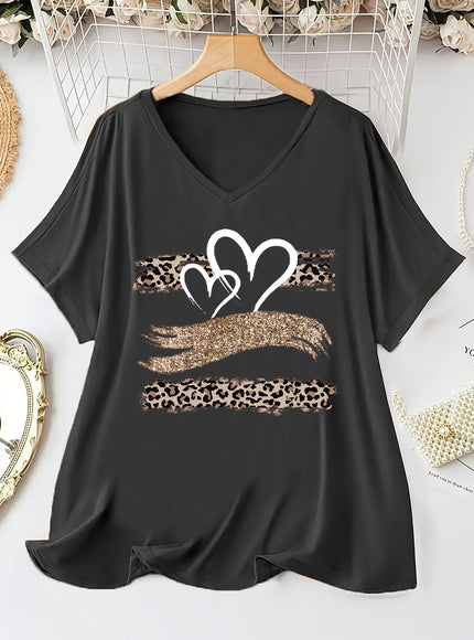 KissICON Women's Plus Size Leopard Print V-Neck T-Shirt with Heart & Glittery Hand Design, Casual Batwing Sleeve Top for All Seasons, Black Polyester Blend Tee, Ladies T Shirts
