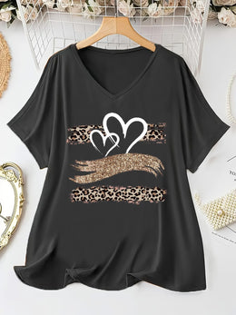 KissICON Women's Plus Size Leopard Print V-Neck T-Shirt with Heart & Glittery Hand Design, Casual Batwing Sleeve Top for All Seasons, Black Polyester Blend Tee, Ladies T Shirts