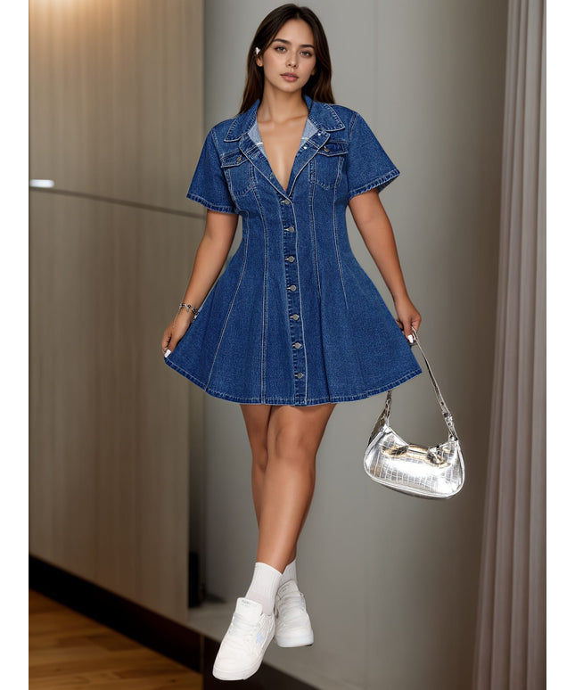 jkthpu-45 Women's Plus Size Light Blue Distressed Denim Jumper Dress - Short Sleeve A-Line Mini Dress with Button Front Closure, Frayed Hem & Belt Loop Design | Casual to Semi-Formal Outfits | Machine Washable All-Season Jeans Dress, Weekend Outfit, Classic Cut, No