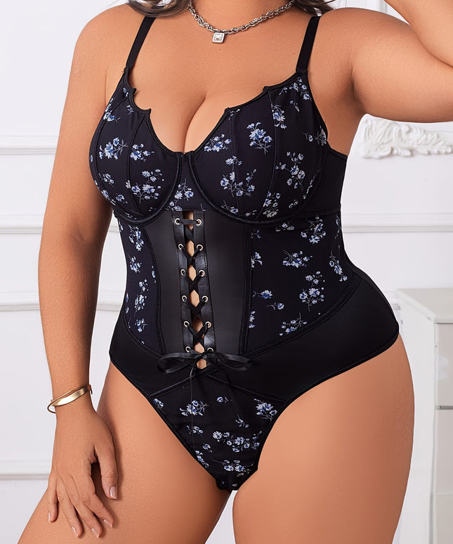 jkthpu-45 Women's Plus Size One-Piece Outfit - Sexy Back Tie-Up corset bodysuit with Floral pattern, Formal & Party Evening Wear, Non-Padded Structured Fit for Curvy Figures (Hand Washable) - Z415