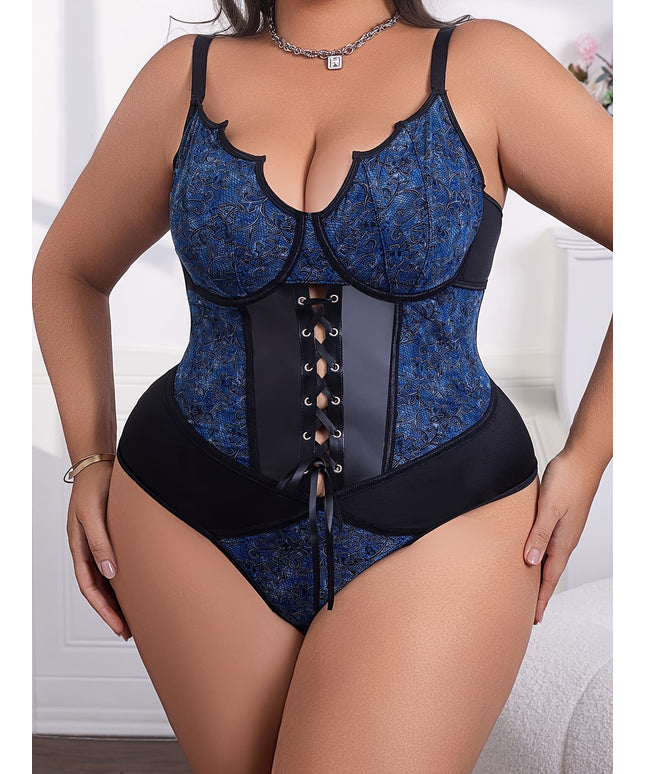 jkthpu-45 Women's Plus Size One-Piece Outfit - Sexy Back Tie-Up corset bodysuit with Floral pattern, Formal & Party Evening Wear, Non-Padded Structured Fit for Curvy Figures (Hand Washable) - Z415