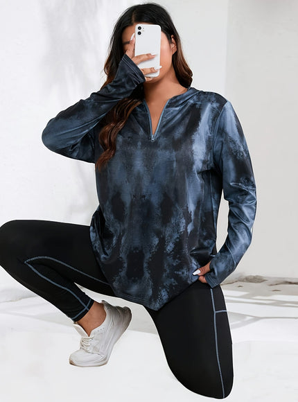 jkthpu-45 Women's Plus Size Printed Hoodie with Half-Zip Long