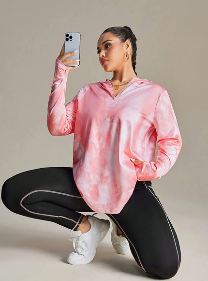 jkthpu-45 Women's Plus Size Printed Hoodie with Half-Zip Long
