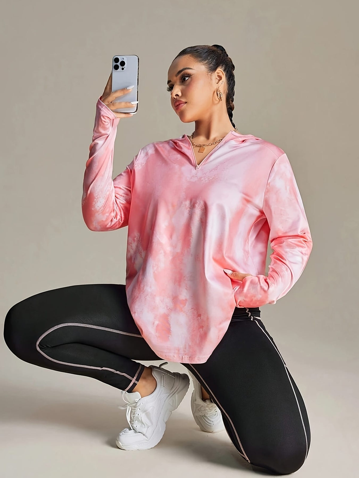 jkthpu-45 Women's Plus Size Printed Hoodie with Half-Zip Long