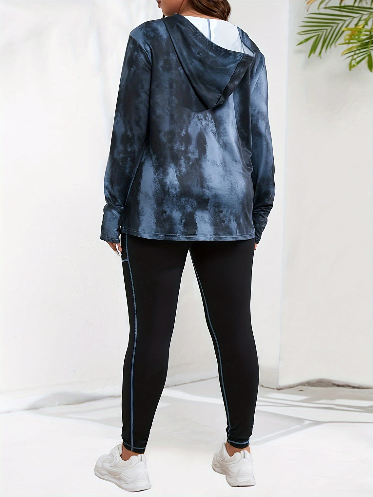 jkthpu-45 Women's Plus Size Printed Hoodie with Half-Zip Long