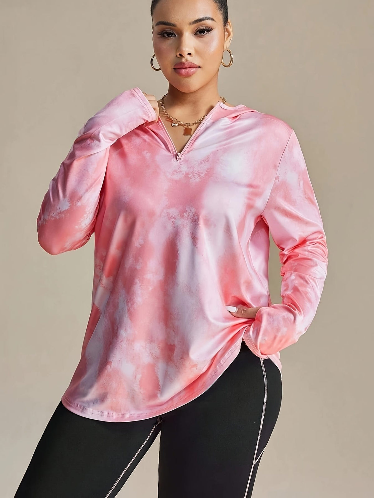 jkthpu-45 Women's Plus Size Printed Hoodie with Half-Zip Long