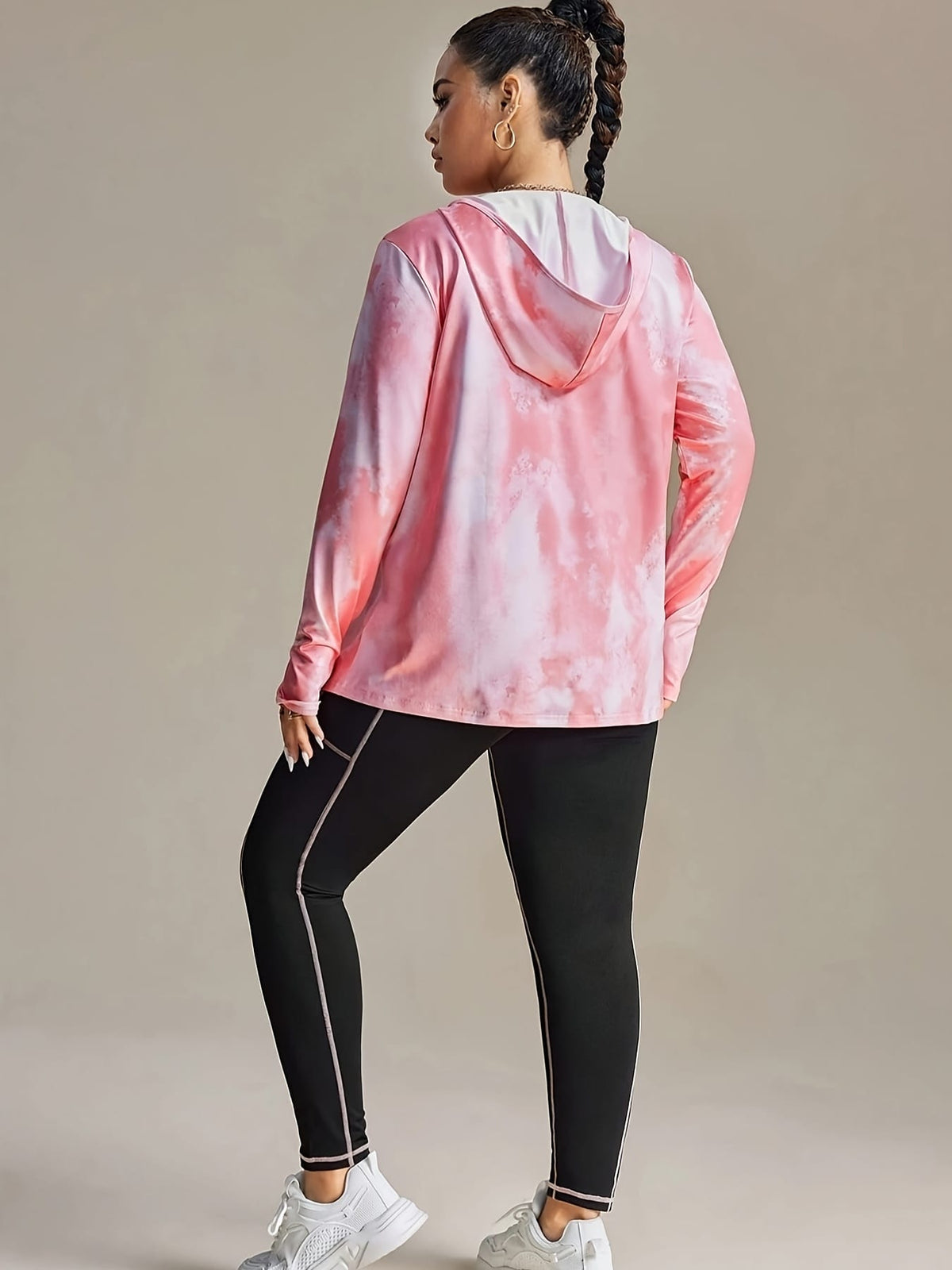 jkthpu-45 Women's Plus Size Printed Hoodie with Half-Zip Long
