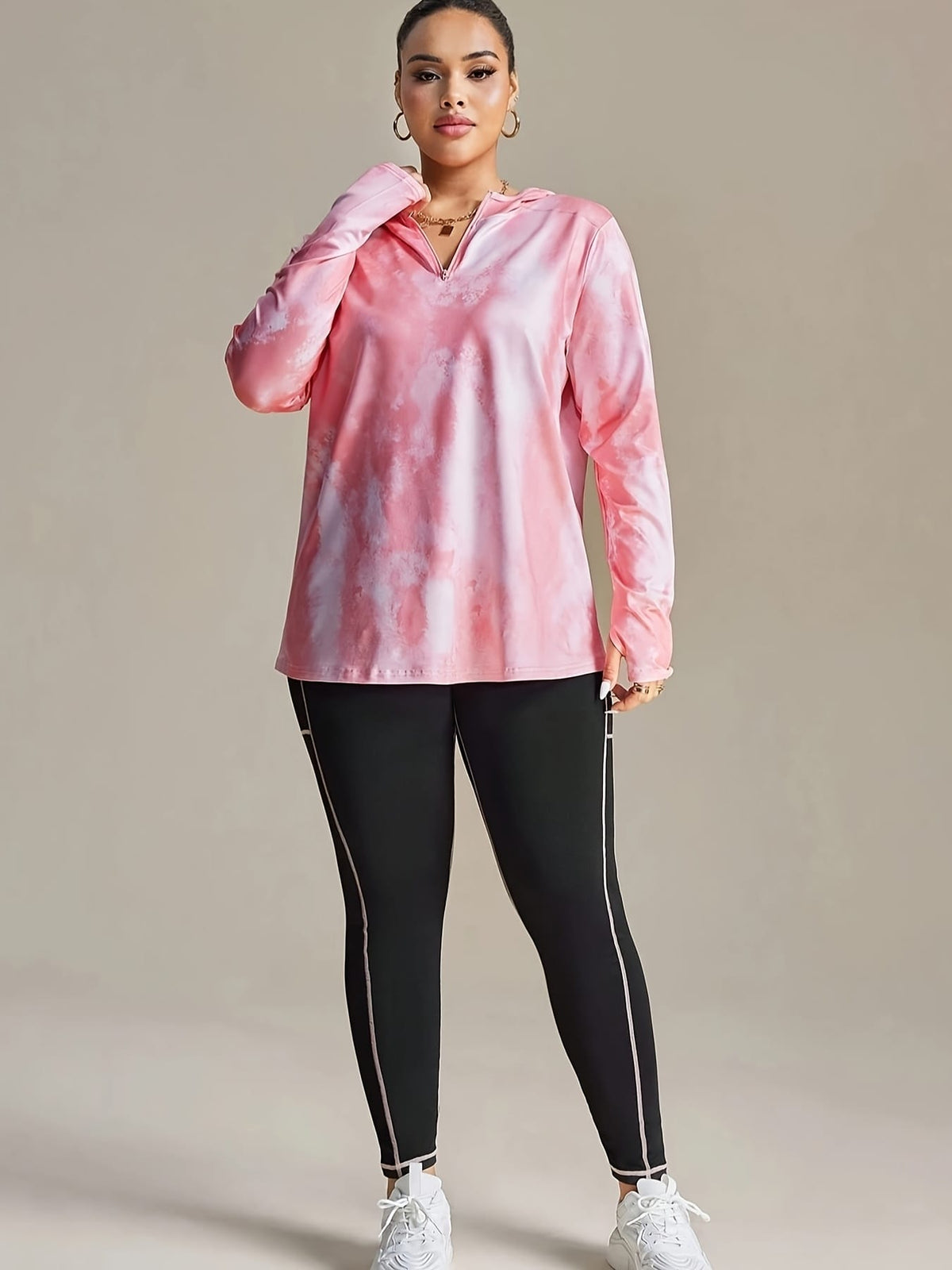 jkthpu-45 Women's Plus Size Printed Hoodie with Half-Zip Long