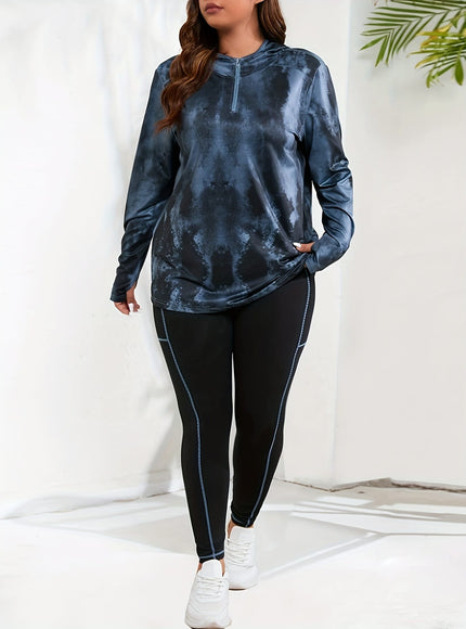 jkthpu-45 Women's Plus Size Printed Hoodie with Half-Zip Long
