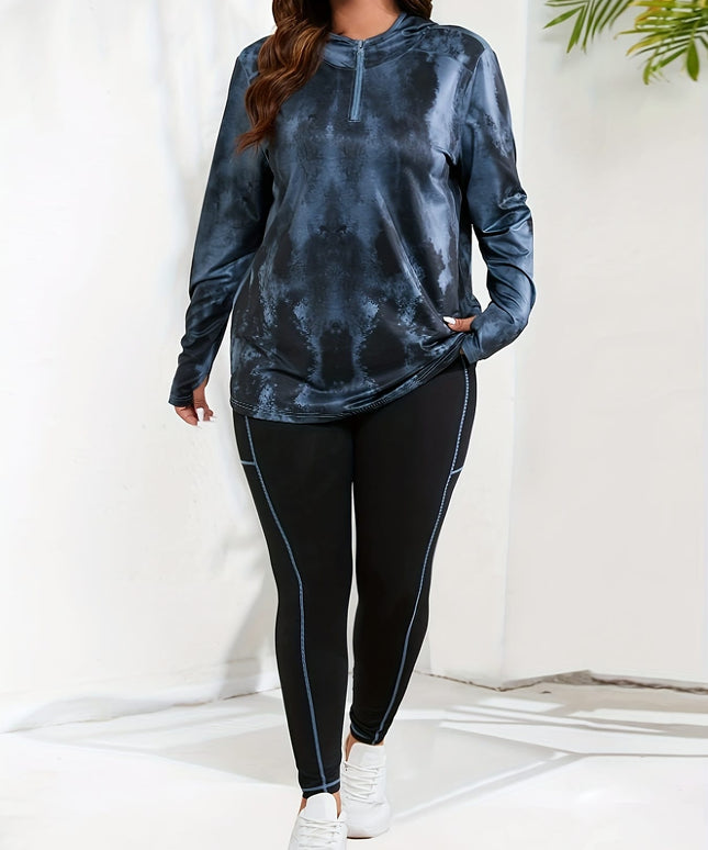 jkthpu-45 Women's Plus Size Printed Hoodie with Half-Zip Long