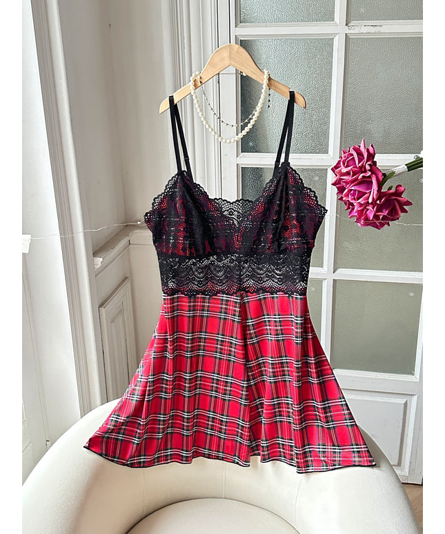 jkthpu-45 Women's Plus Size Red Plaid Camisole Dress